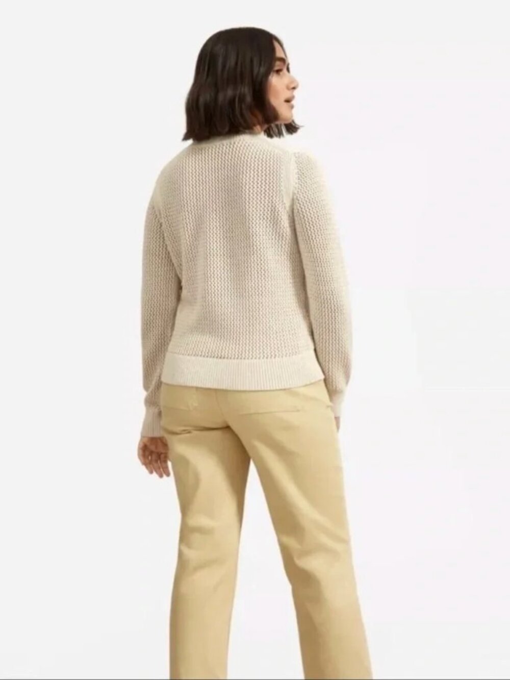 Everlane Open Knit Crochet Sweater Size M Beige Crewneck Long Sleeve Cotton Sz M - Picture 4 of 11